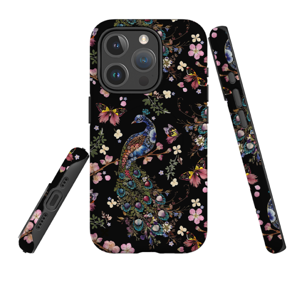 iPhone MagSafe Tough Case -  Peacock and Cherry Blossoms Dark By Helen Ahpornsiri Fashion