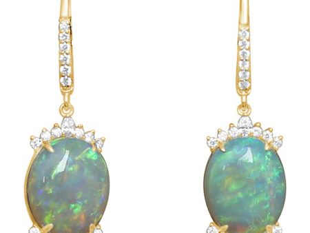 18K Yellow Gold Australian Opal Diamond Earrings For Sale